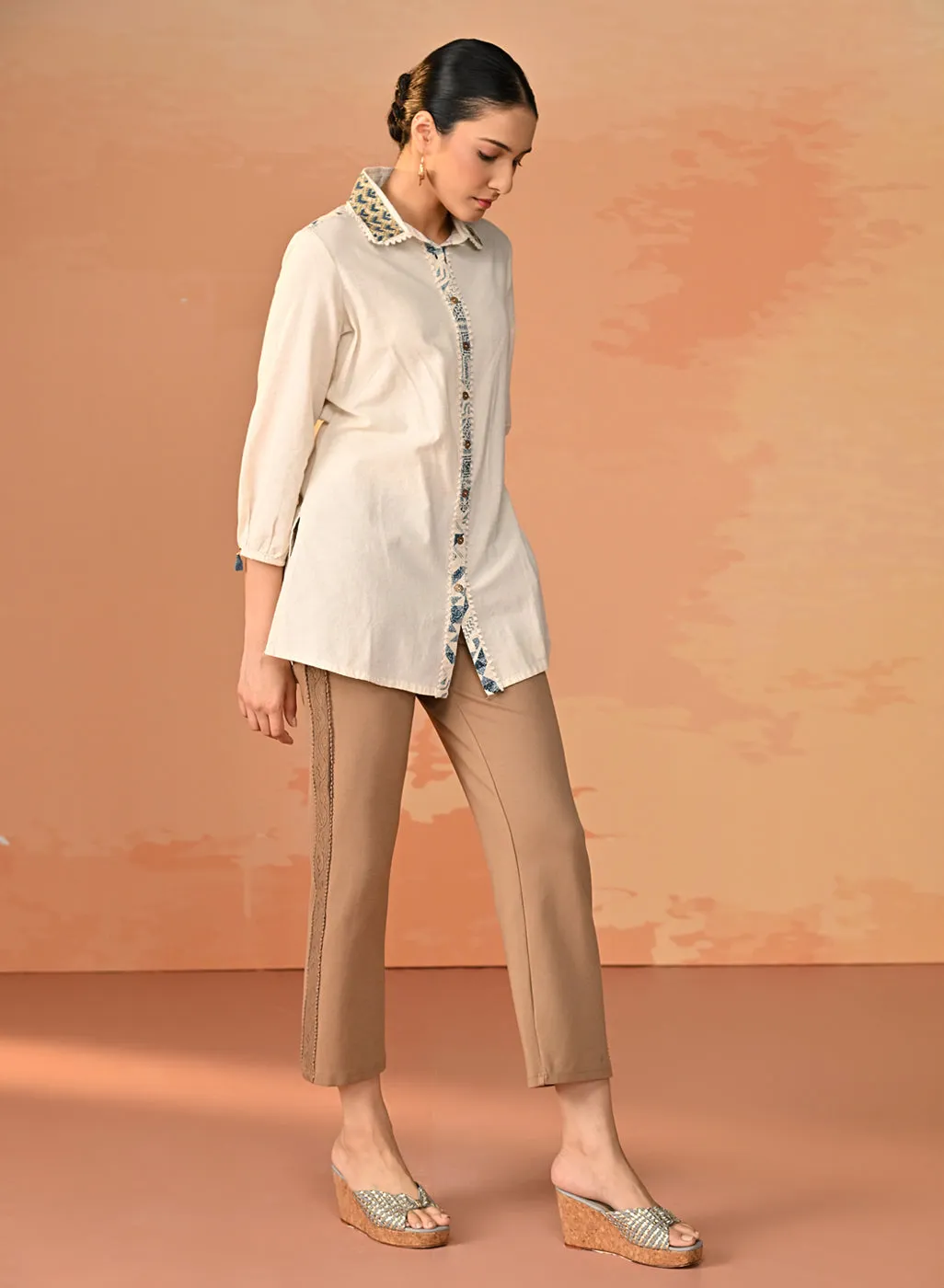Gursheen Navy Blue Embroidered Khadi Cotton Shirt for Women