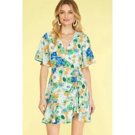 Half Sleeve Surplice Floral Dress