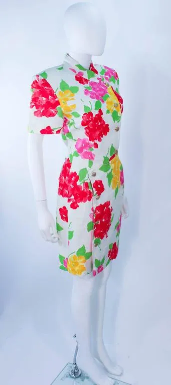 HANAE MORI White Floral Linen Day Dress, Gold Buttons Size 6-8