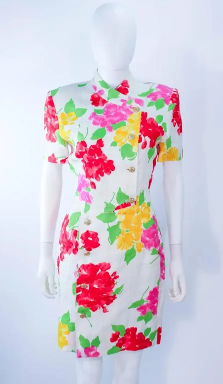 HANAE MORI White Floral Linen Day Dress, Gold Buttons Size 6-8