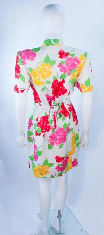 HANAE MORI White Floral Linen Day Dress, Gold Buttons Size 6-8