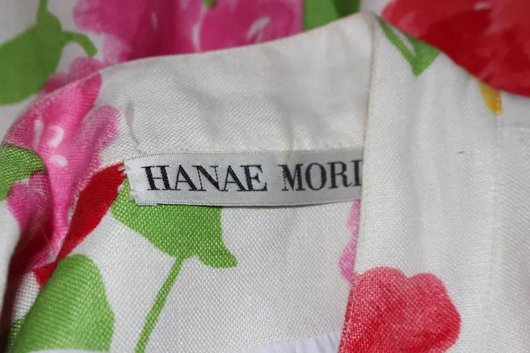 HANAE MORI White Floral Linen Day Dress, Gold Buttons Size 6-8