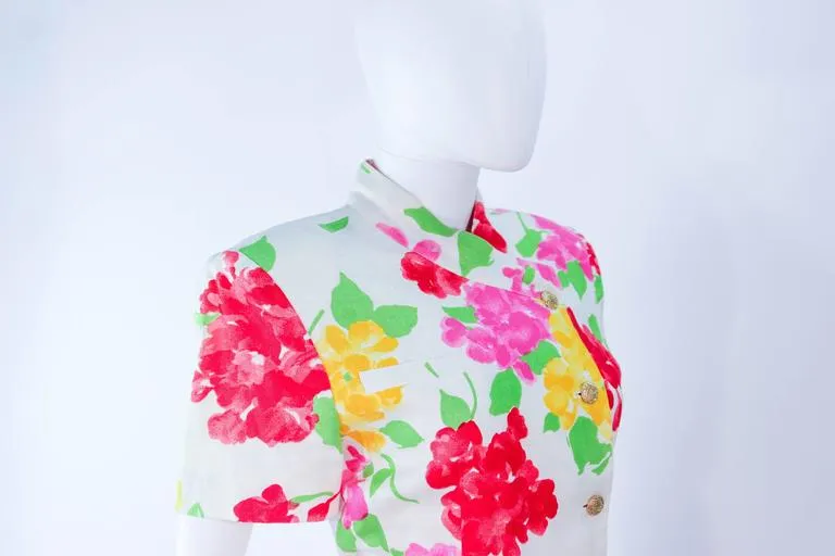 HANAE MORI White Floral Linen Day Dress, Gold Buttons Size 6-8