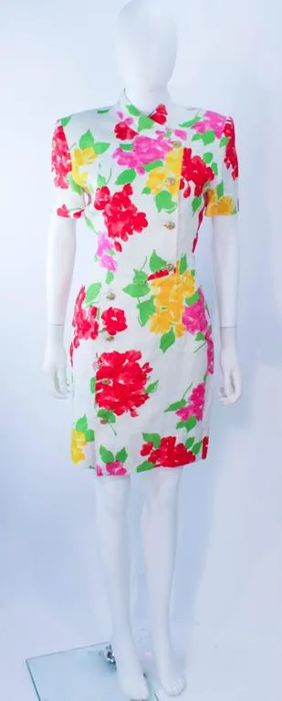 HANAE MORI White Floral Linen Day Dress, Gold Buttons Size 6-8