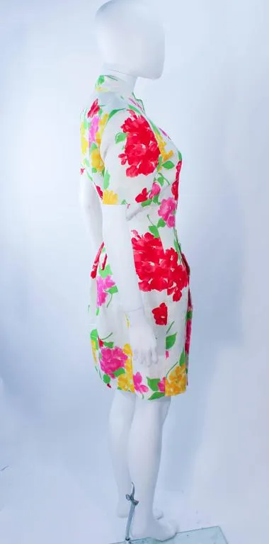 HANAE MORI White Floral Linen Day Dress, Gold Buttons Size 6-8