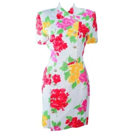 HANAE MORI White Floral Linen Day Dress, Gold Buttons Size 6-8