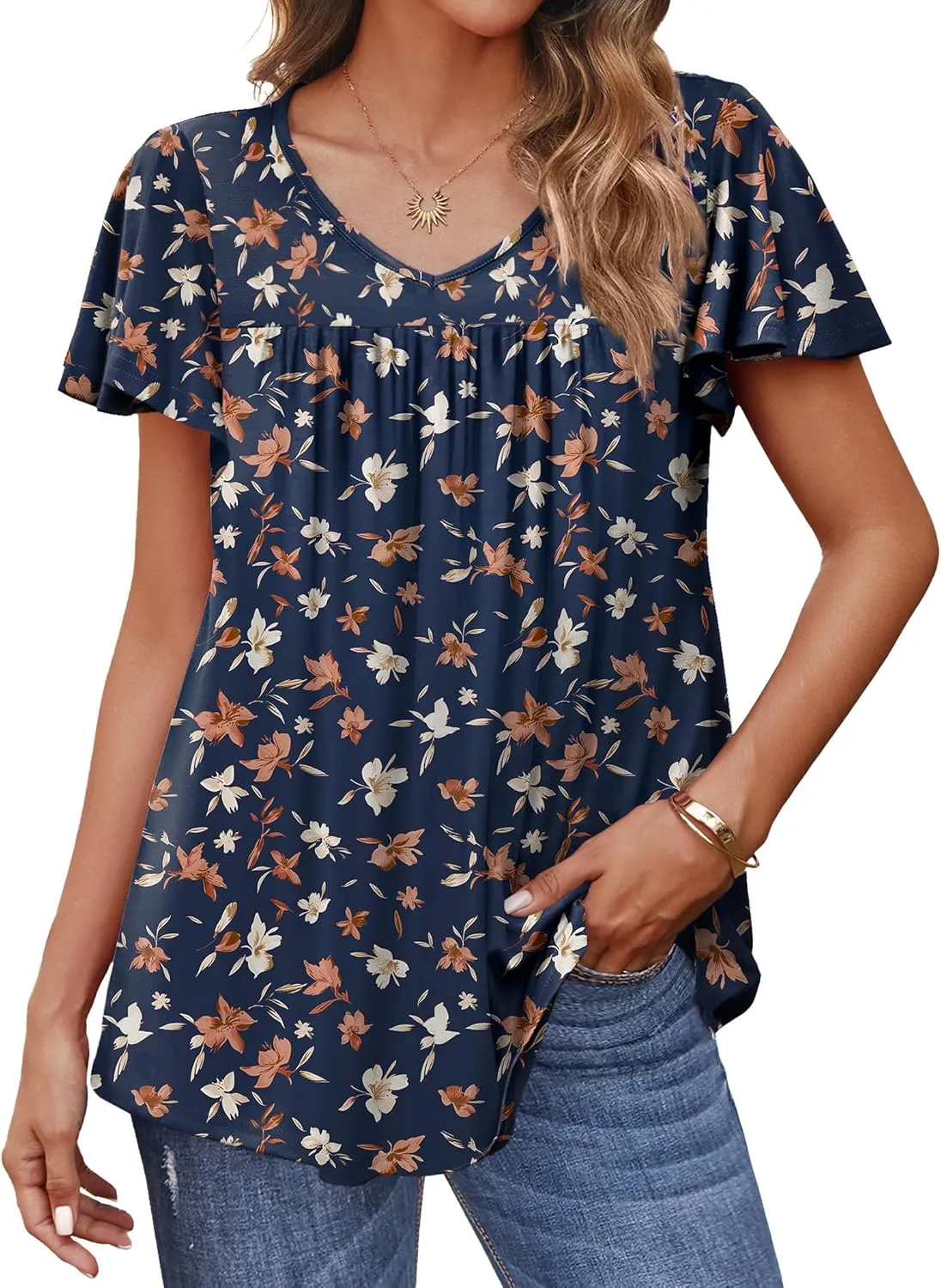 HOTOUCH Womens Short Sleeve Tunic Tops V Neck Loose Fit Ruffle Sleeve Shirts Summer Floral Dressy Casual Boho Blouses