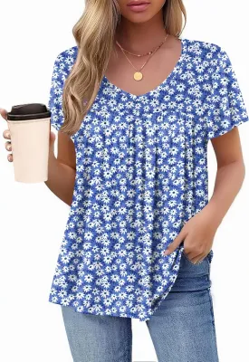 HOTOUCH Womens Short Sleeve Tunic Tops V Neck Loose Fit Ruffle Sleeve Shirts Summer Floral Dressy Casual Boho Blouses