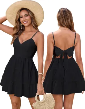 HTZMO Women Casual Summer Floral Mini Sundress V Neck Bow Tie Backless Ruffle Flowy Cute Boho Beach Short Dress
