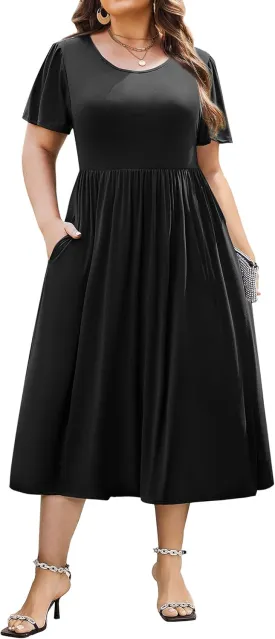 IN'VOLAND Women Plus Size Short Sleeve Dress Loose Summer Casual A-Line Flowy Midi Dresses with Pockets