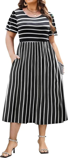 IN'VOLAND Women Plus Size Short Sleeve Dress Loose Summer Casual A-Line Flowy Midi Dresses with Pockets