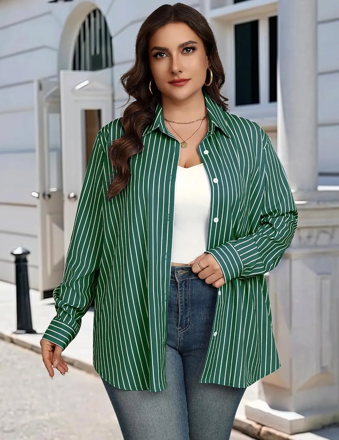 IN'VOLAND Womens Plus Size Button Down Shirt Striped Casual Shirt Long Sleeve Fall Blouse Collared Office Work Blouses Tops