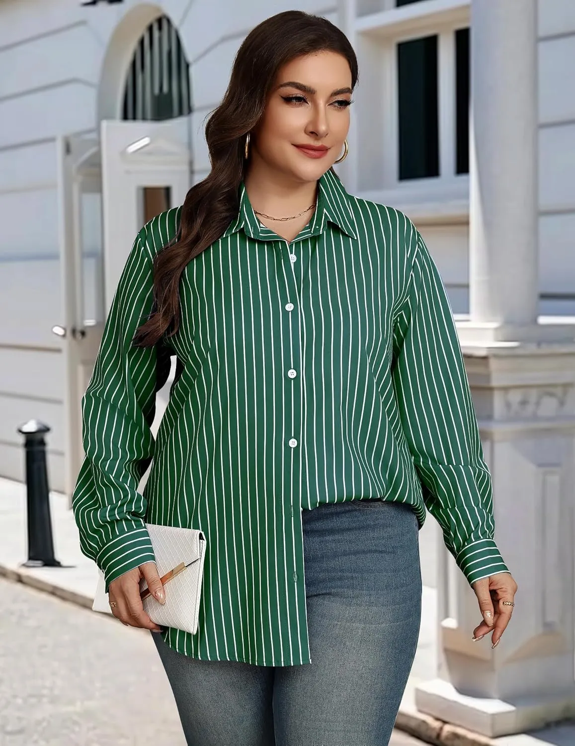 IN'VOLAND Womens Plus Size Button Down Shirt Striped Casual Shirt Long Sleeve Fall Blouse Collared Office Work Blouses Tops