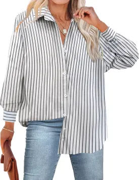 IN'VOLAND Womens Plus Size Button Down Shirt Striped Casual Shirt Long Sleeve Fall Blouse Collared Office Work Blouses Tops