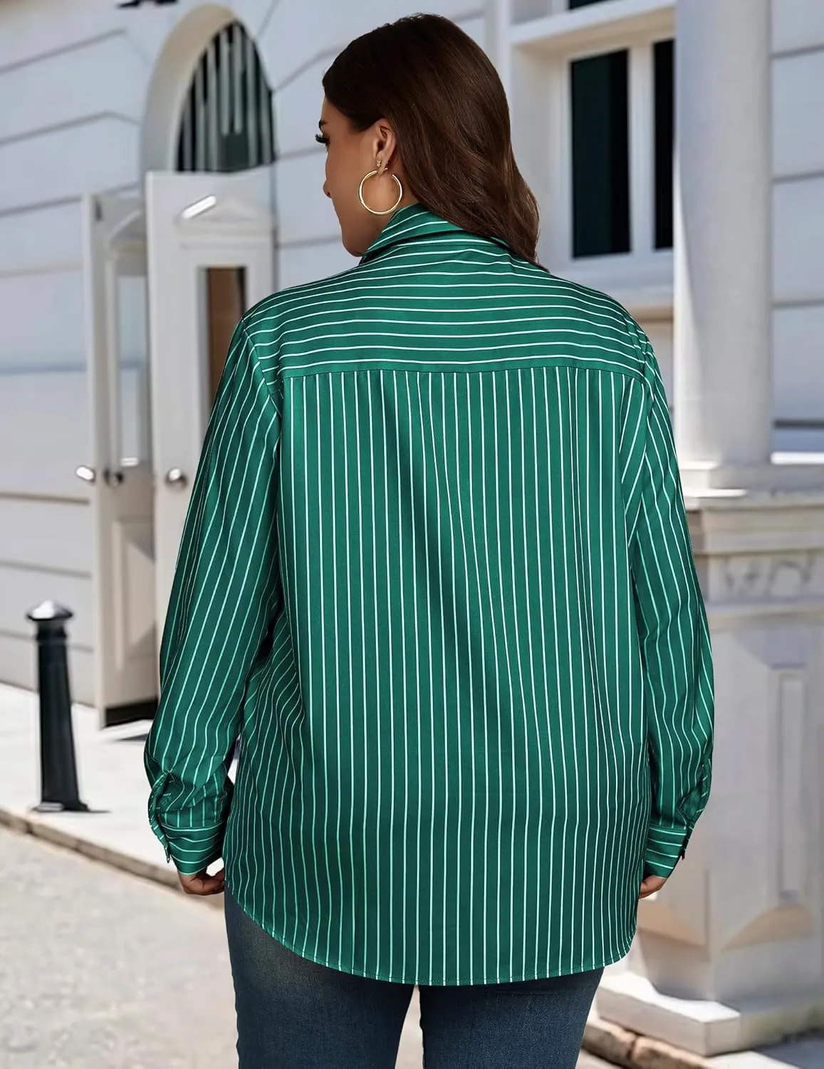 IN'VOLAND Womens Plus Size Button Down Shirt Striped Casual Shirt Long Sleeve Fall Blouse Collared Office Work Blouses Tops