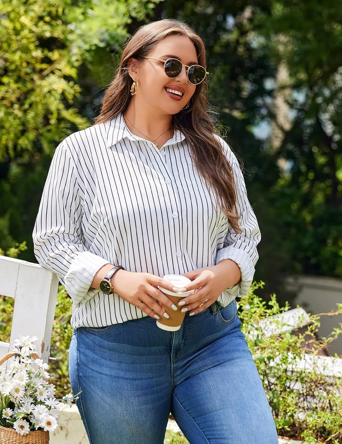 IN'VOLAND Womens Plus Size Button Down Shirt Striped Casual Shirt Long Sleeve Fall Blouse Collared Office Work Blouses Tops