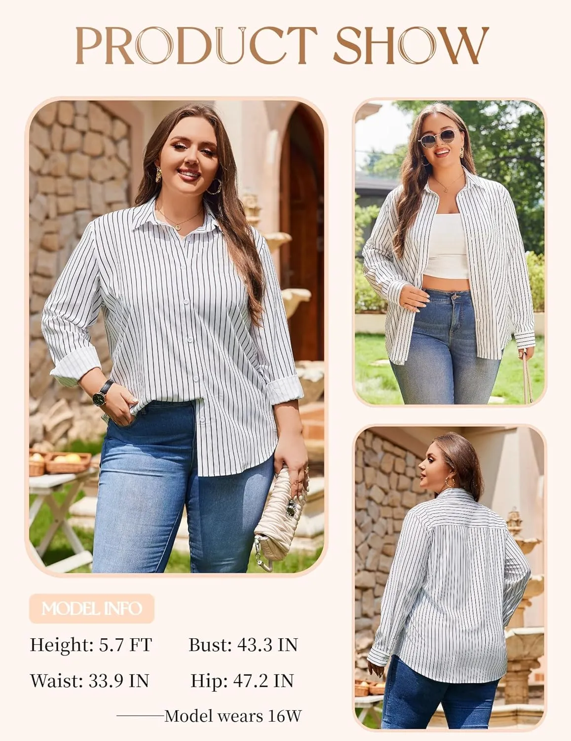 IN'VOLAND Womens Plus Size Button Down Shirt Striped Casual Shirt Long Sleeve Fall Blouse Collared Office Work Blouses Tops
