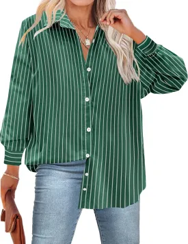 IN'VOLAND Womens Plus Size Button Down Shirt Striped Casual Shirt Long Sleeve Fall Blouse Collared Office Work Blouses Tops