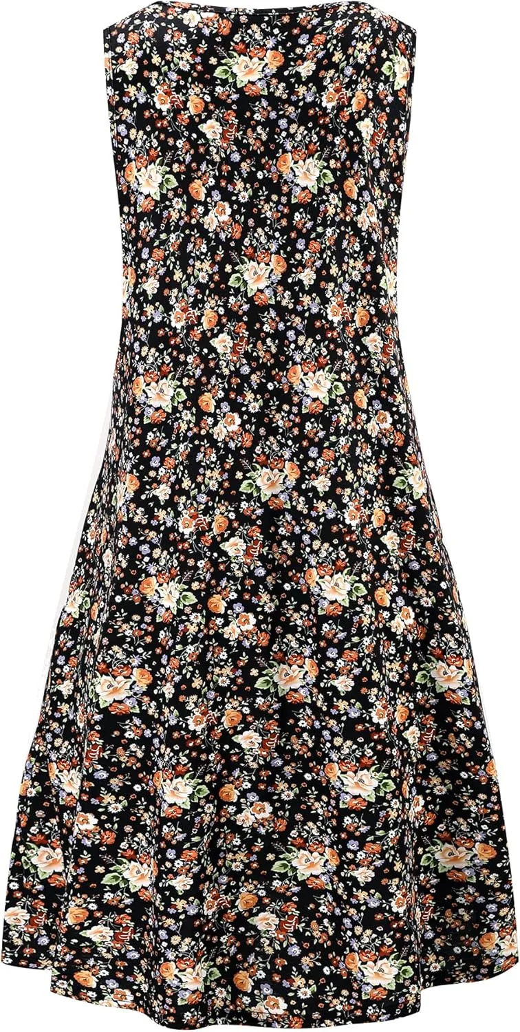 Ivicoer Women's Summer Beach Dresses V-Neck Floral Printed Tank Swing Dress Plus Size with Pocket(L-5XL)