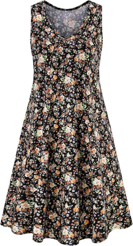 Ivicoer Women's Summer Beach Dresses V-Neck Floral Printed Tank Swing Dress Plus Size with Pocket(L-5XL)