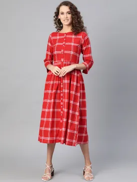 Jashvi Red & White Checked A-Line Dress