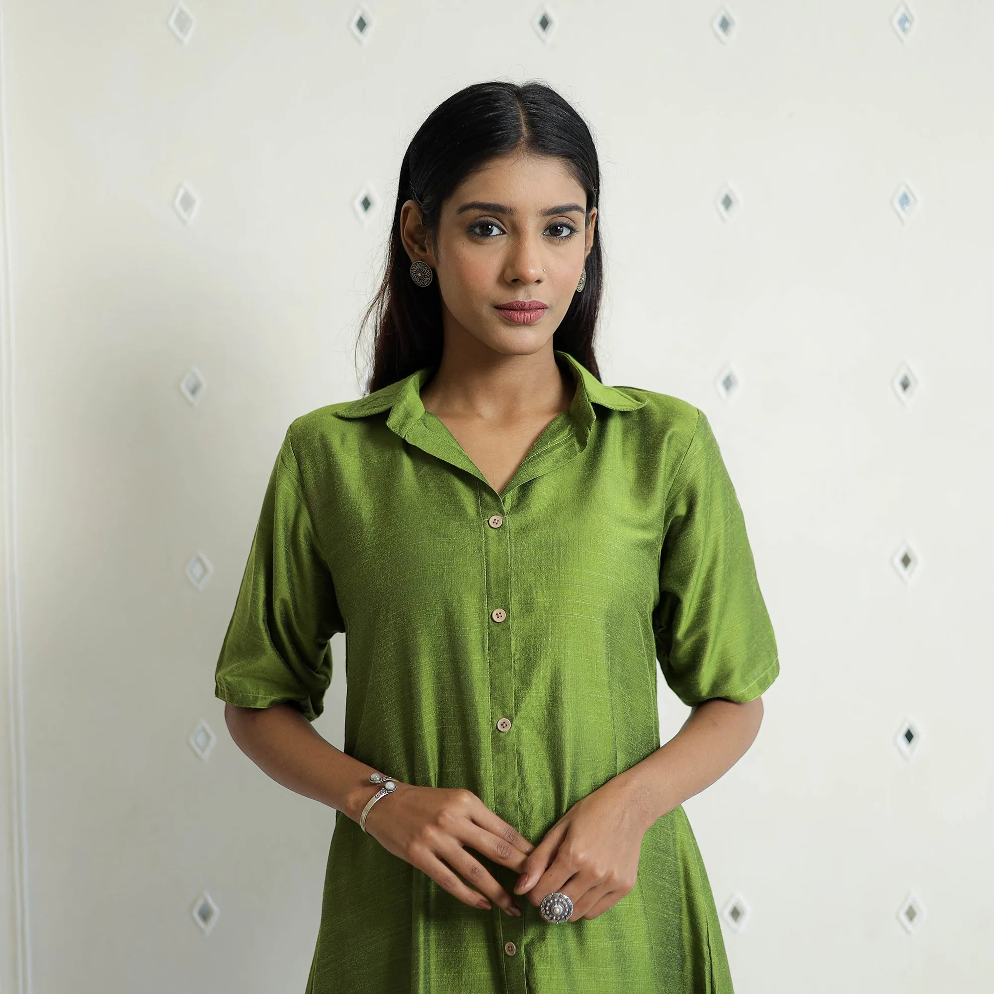 Khyati Green Slub Silk Plain Dress