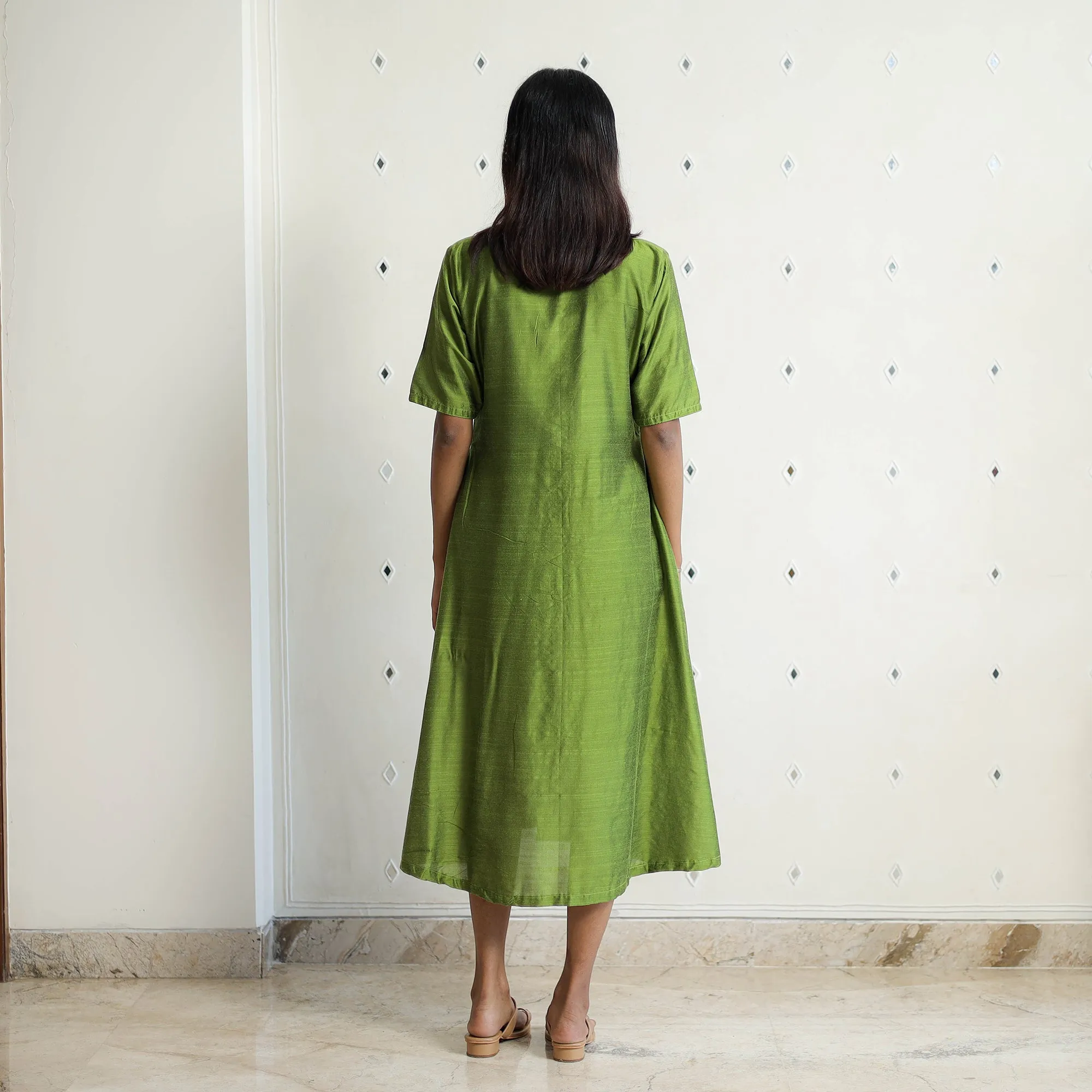 Khyati Green Slub Silk Plain Dress