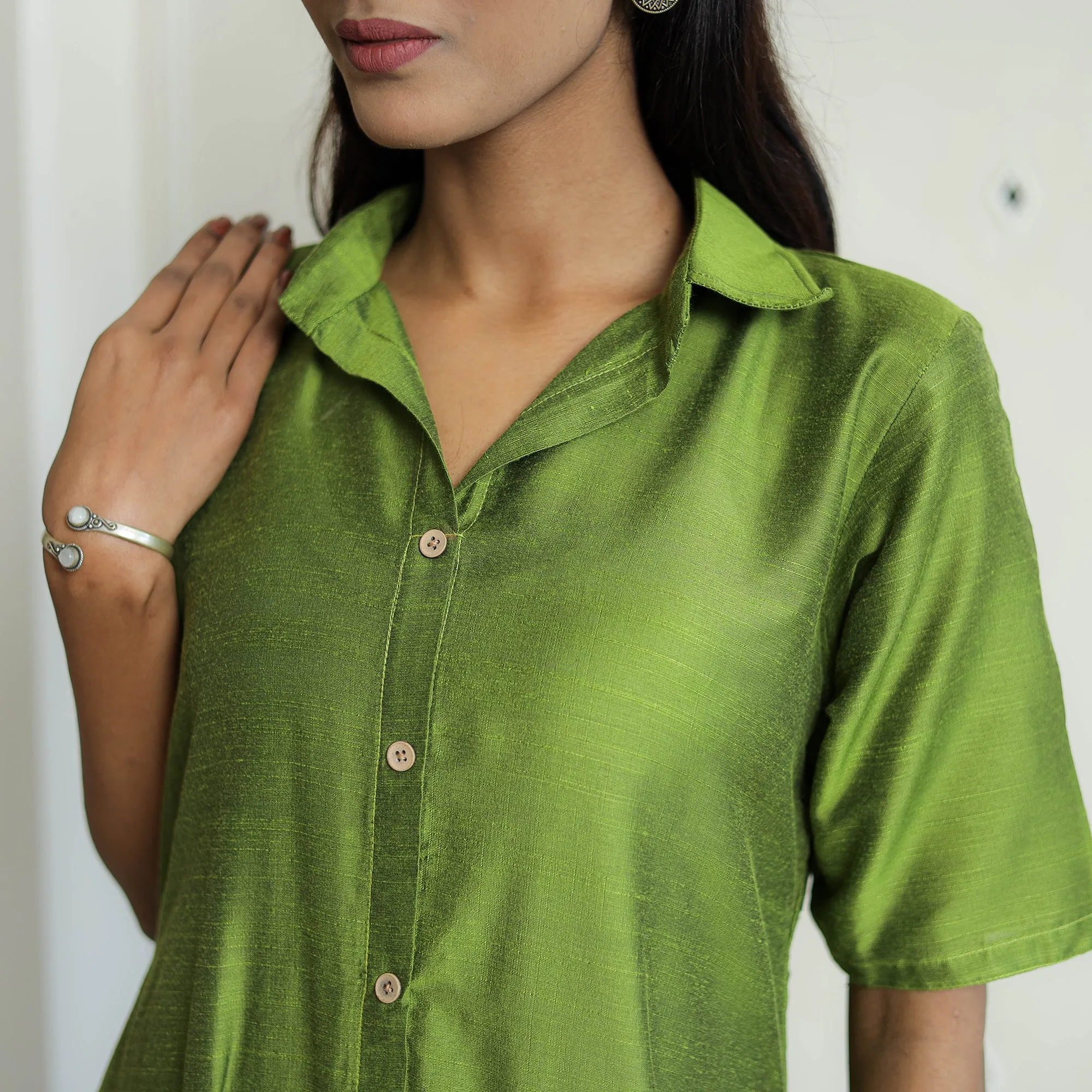 Khyati Green Slub Silk Plain Dress
