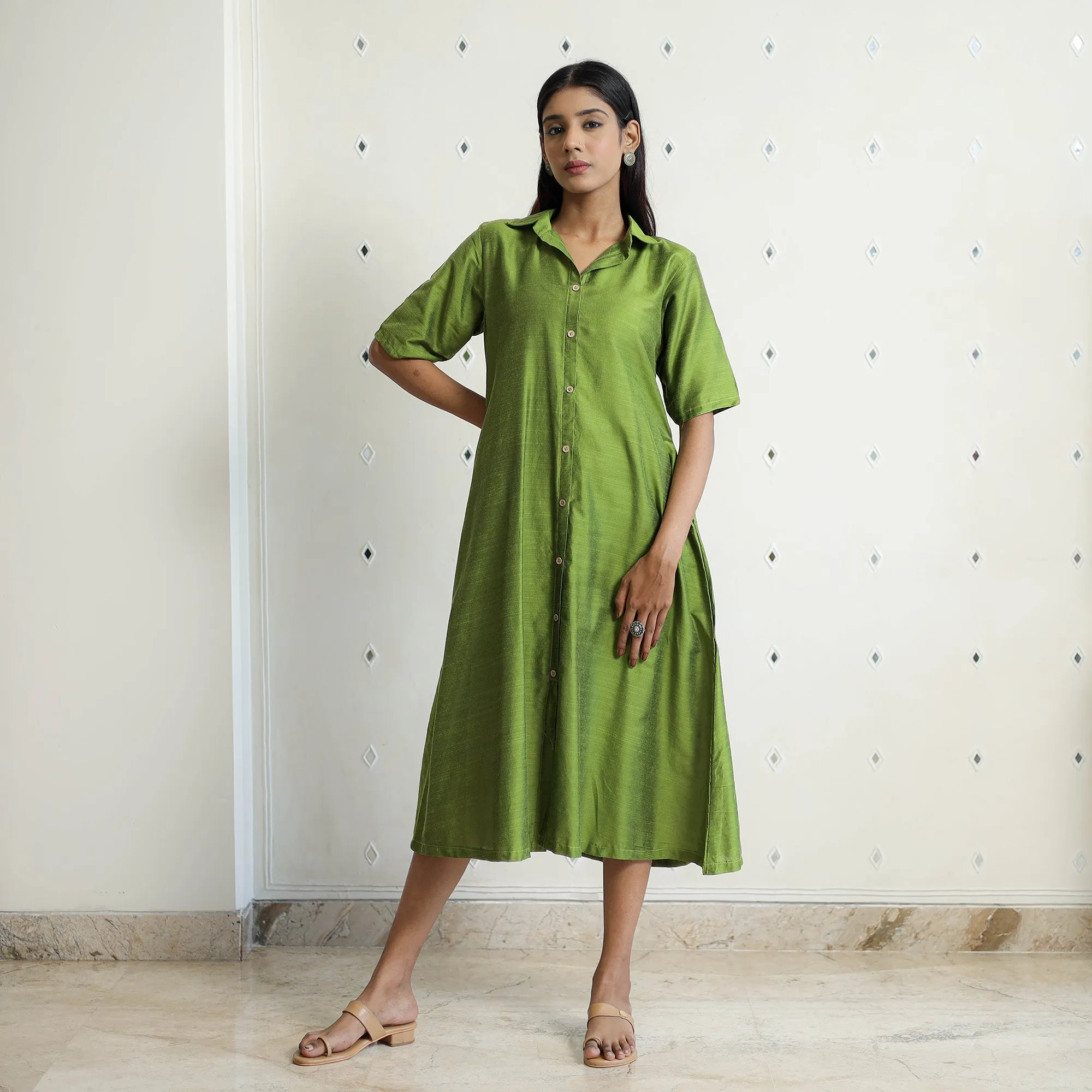 Khyati Green Slub Silk Plain Dress