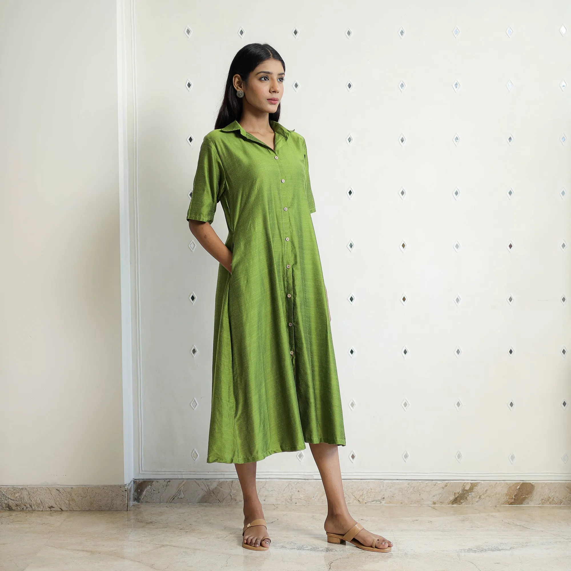 Khyati Green Slub Silk Plain Dress