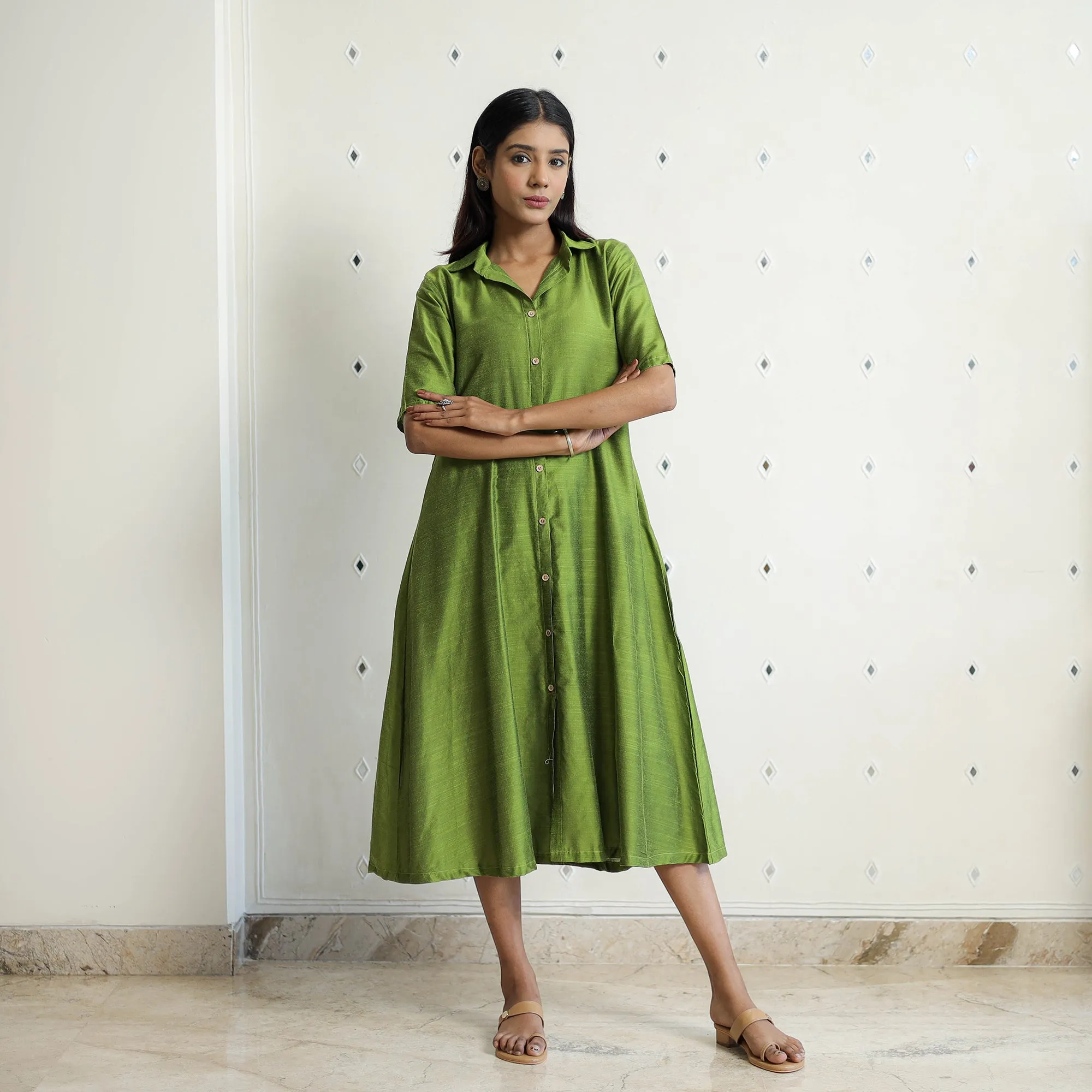 Khyati Green Slub Silk Plain Dress