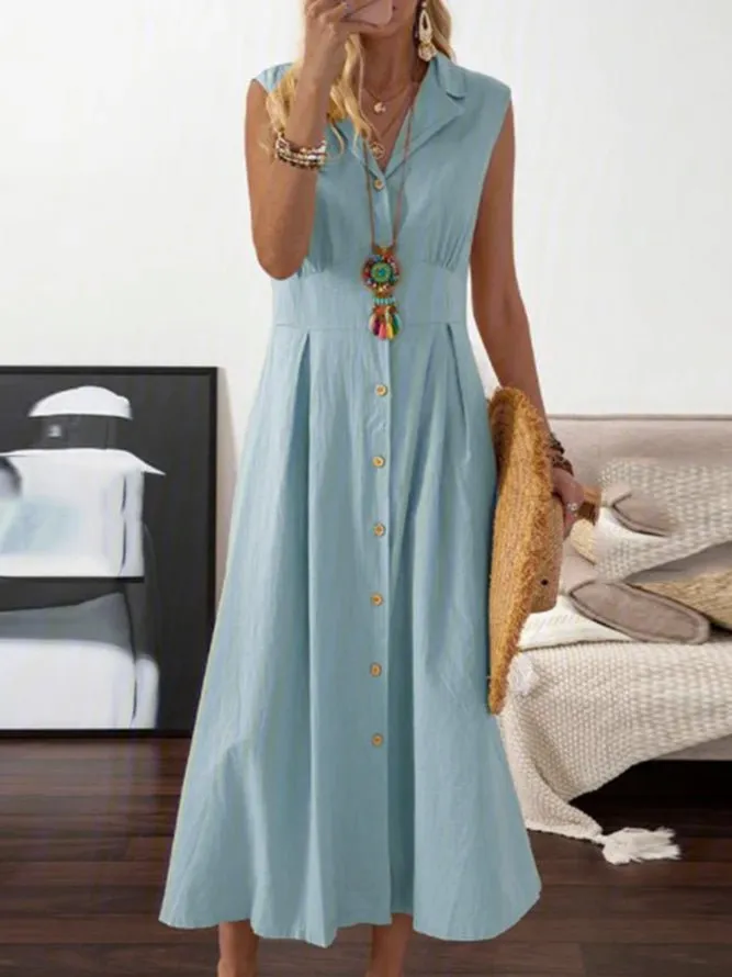 Lapel Vintage Button Sleeveless Dress