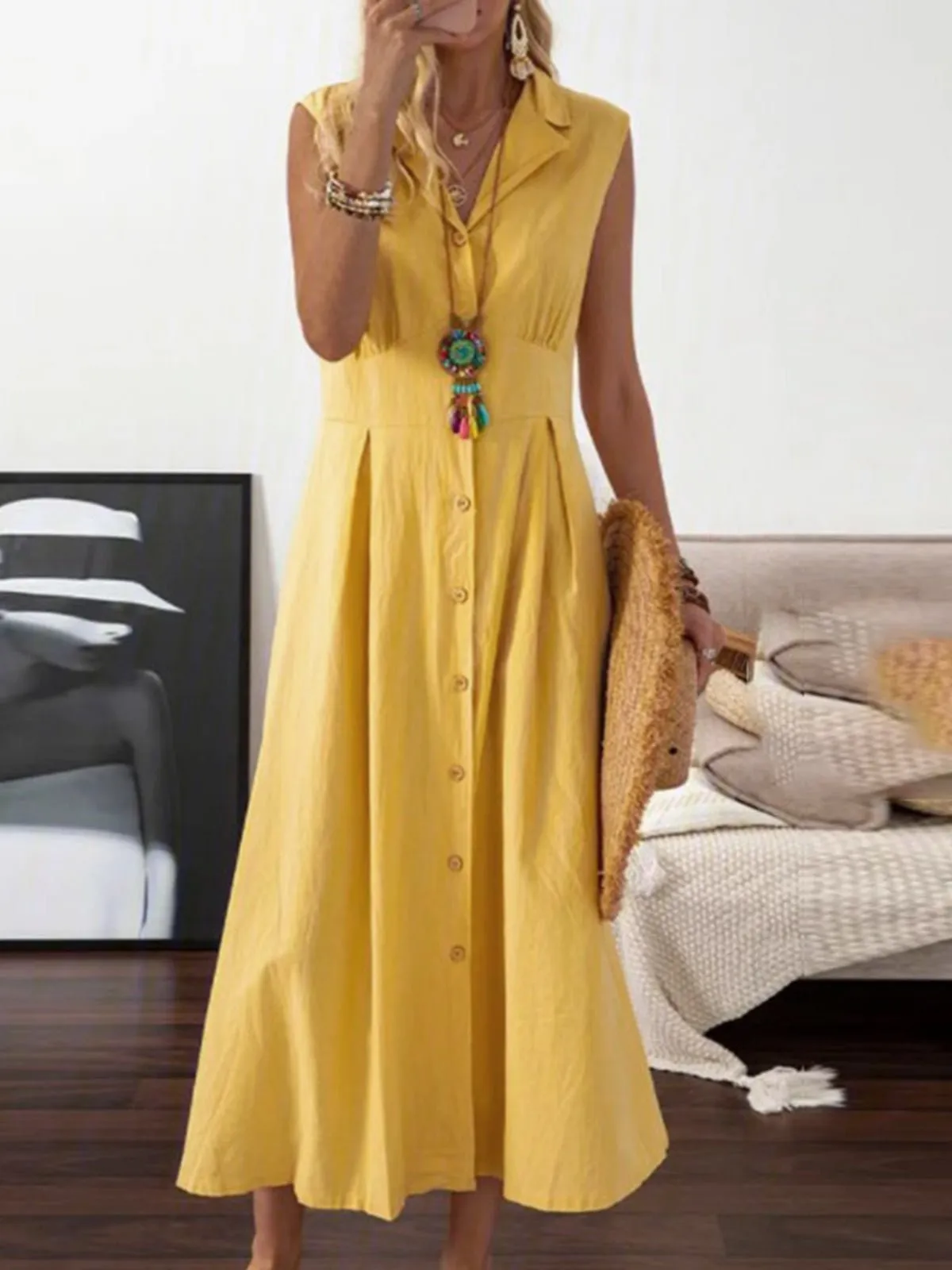 Lapel Vintage Button Sleeveless Dress