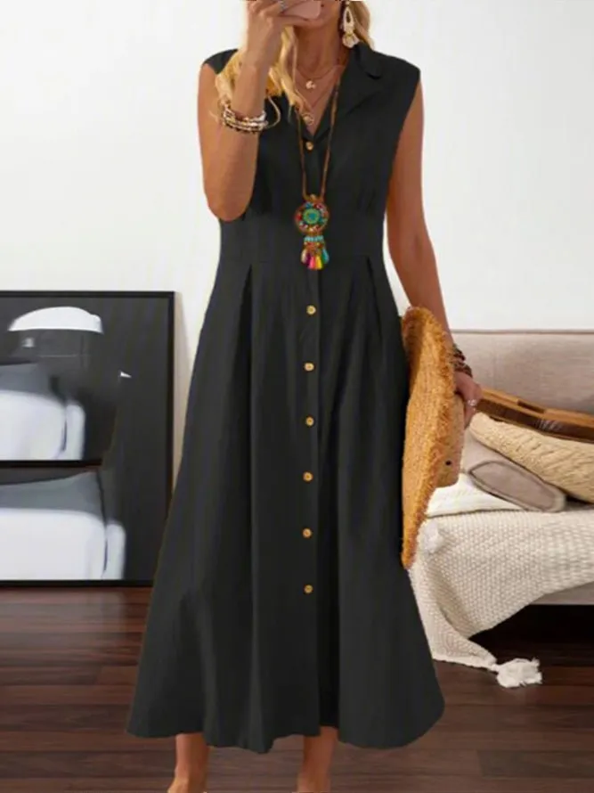 Lapel Vintage Button Sleeveless Dress