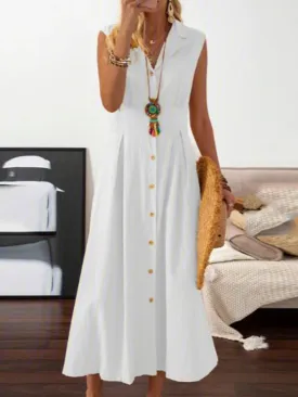 Lapel Vintage Button Sleeveless Dress