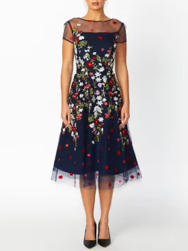 Leila Navy Embroidered A-Line Dress