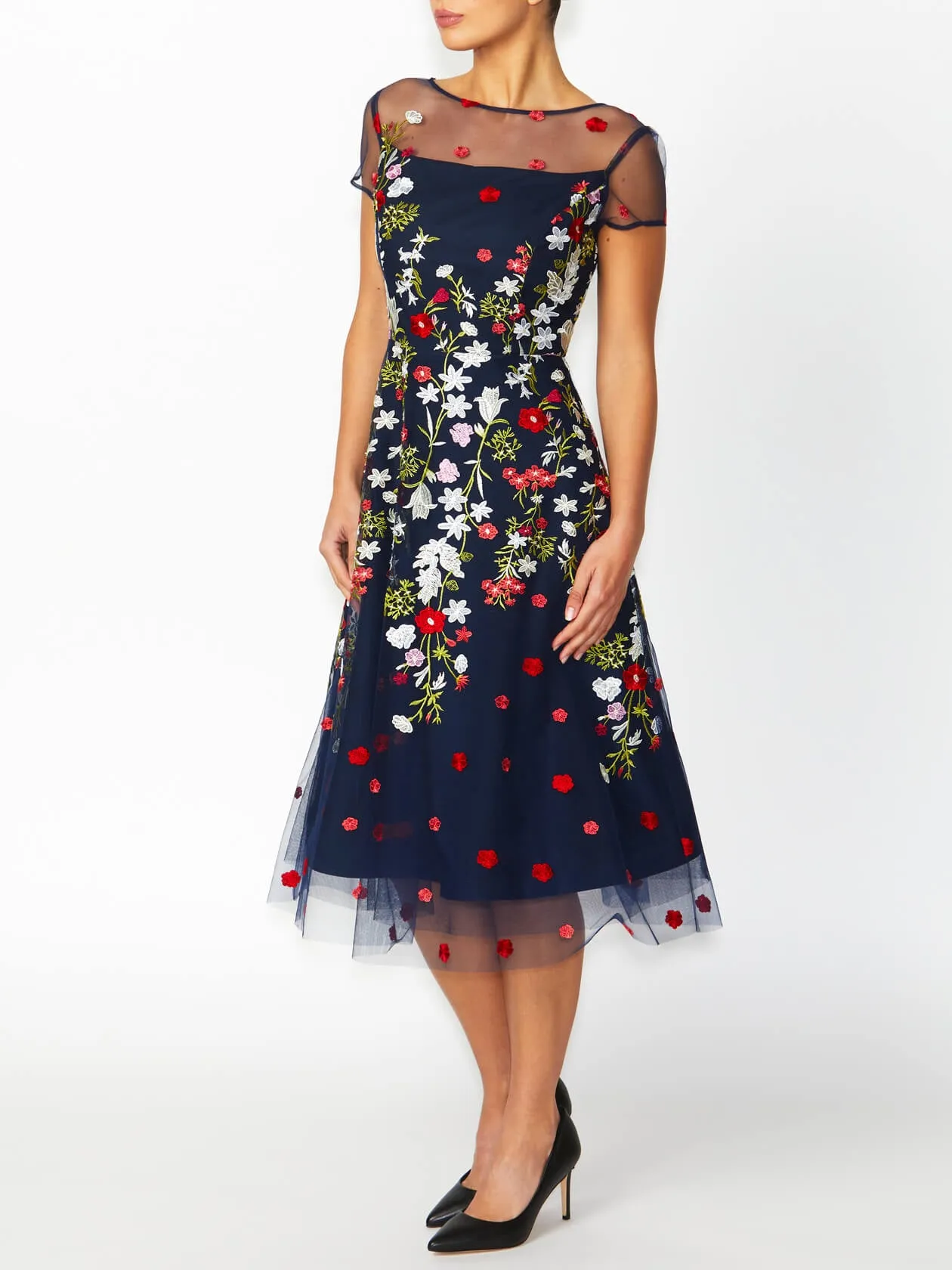 Leila Navy Embroidered A-Line Dress