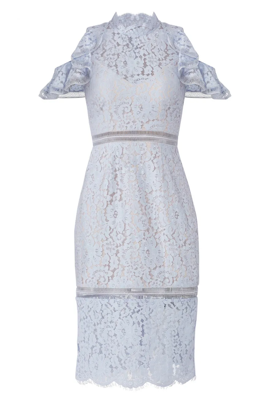 Light Blue Oblivion Cold Shoulder Lace Midi Dress