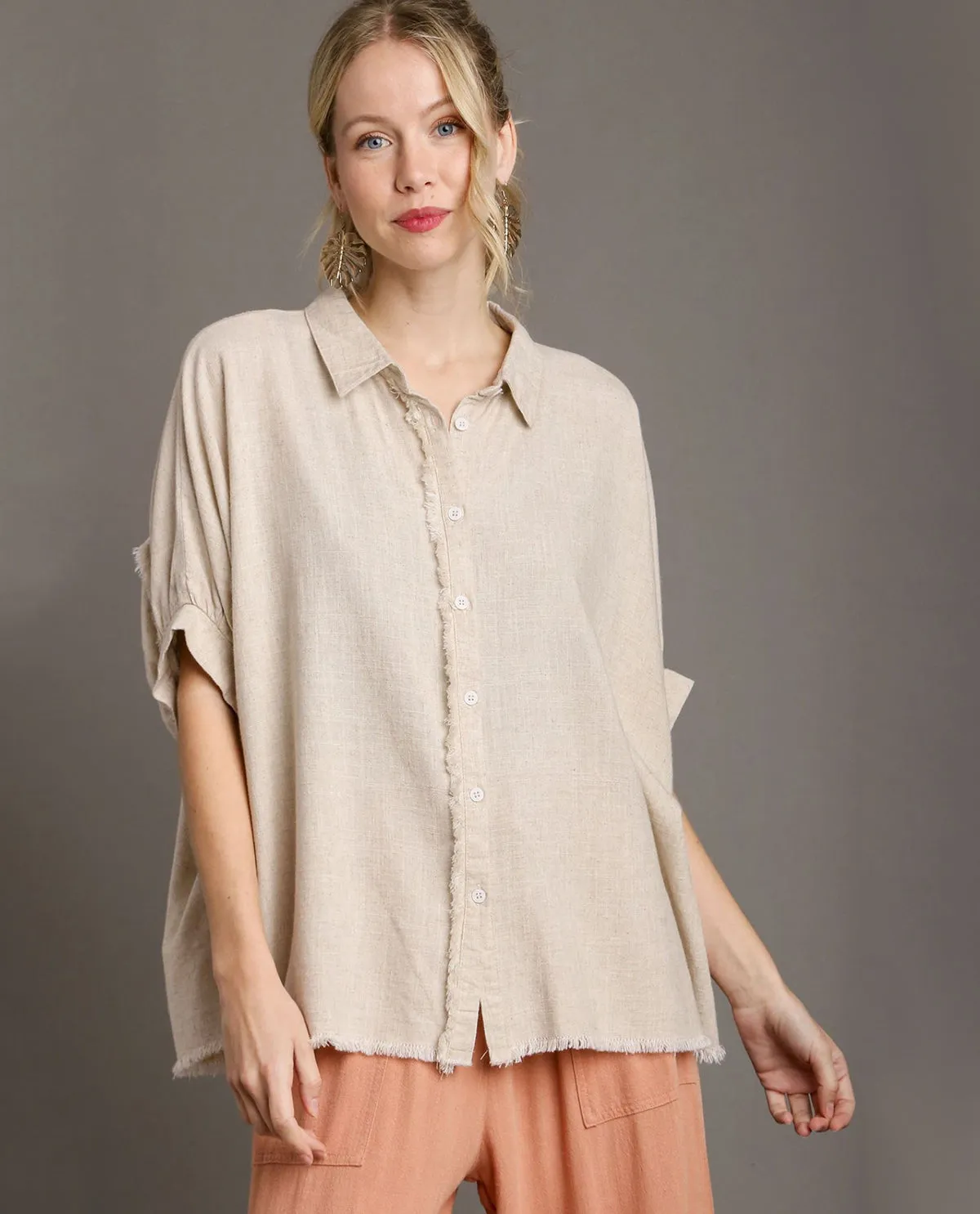 Linen Boxy Cut Button Down Collared Top with Fray Details