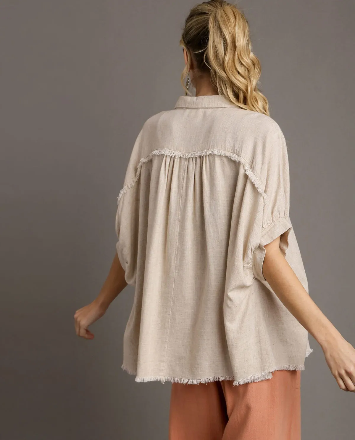 Linen Boxy Cut Button Down Collared Top with Fray Details