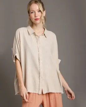 Linen Boxy Cut Button Down Collared Top with Fray Details