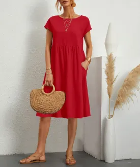 Linen Dress for Women Summer Trendy Short Sleeve Crewneck Maxi Dress Cotton Beach Dress with Pockets S-XXL