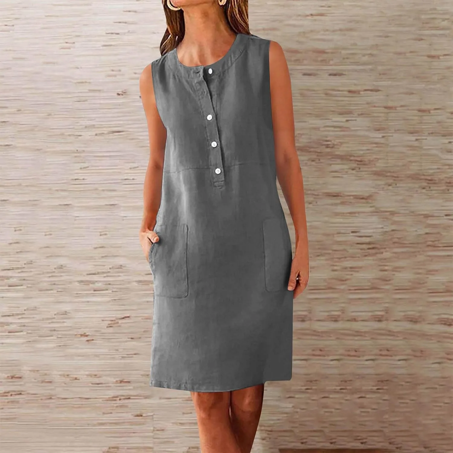 Linen Dresses for Women 2025 Sleeveless Button Down Shirt Dress Casual Summer Mini Dresses with Pockets
