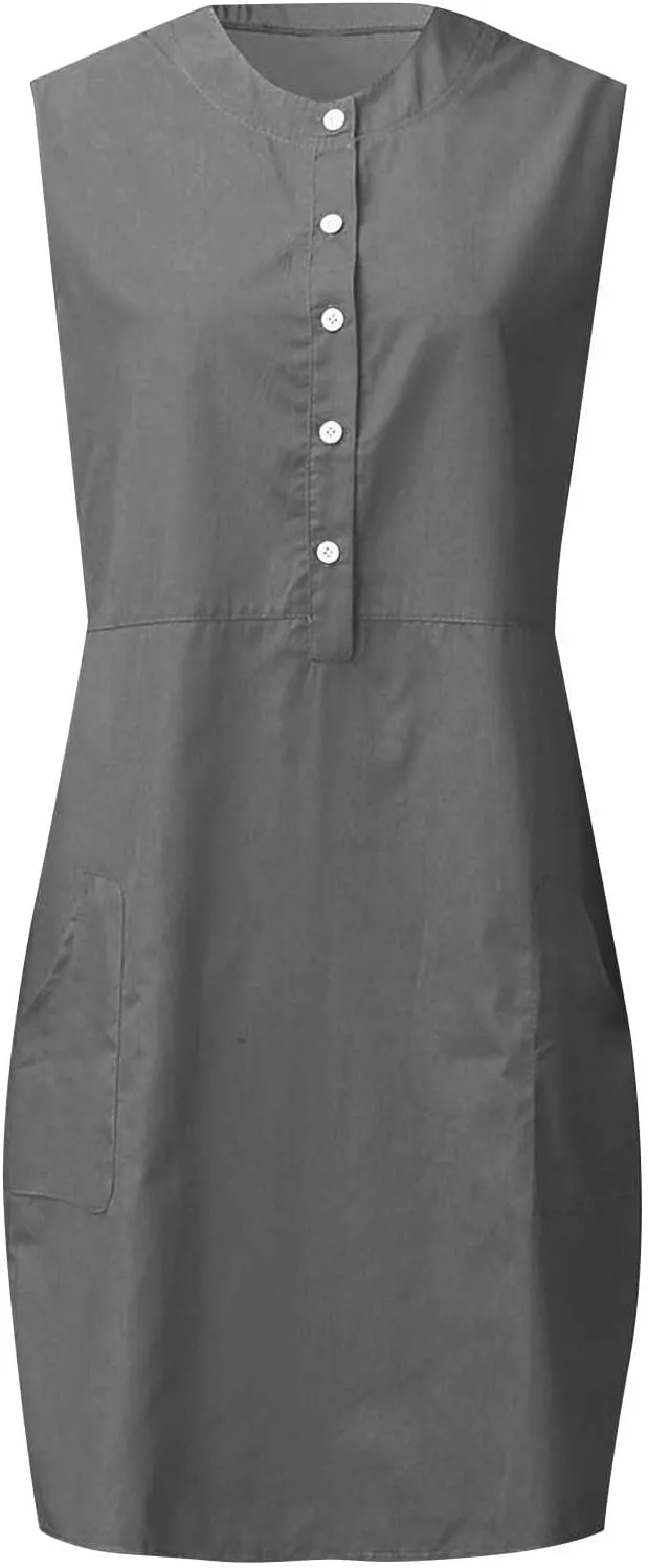 Linen Dresses for Women 2025 Sleeveless Button Down Shirt Dress Casual Summer Mini Dresses with Pockets