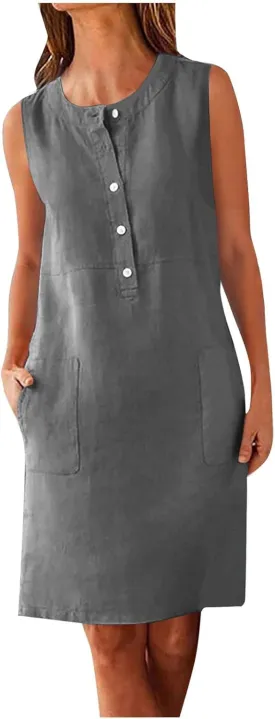 Linen Dresses for Women 2025 Sleeveless Button Down Shirt Dress Casual Summer Mini Dresses with Pockets