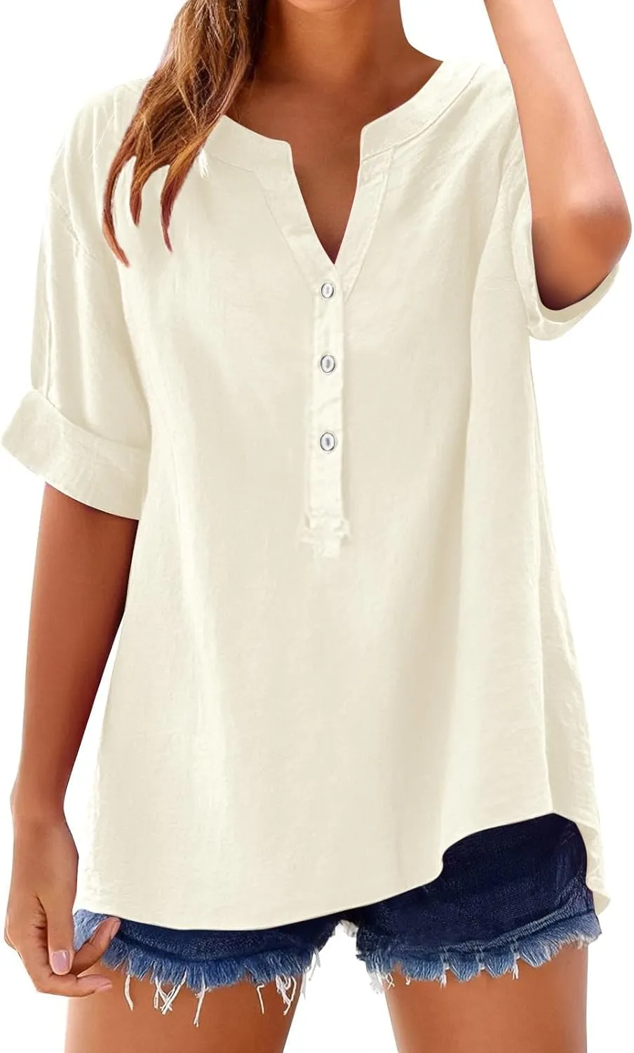 Linen Shirts for Women Breathable Tops Women's Loose Cotton Linen Blouses Womens 3/4 Length Sleeve Ladies Hemp Clothes