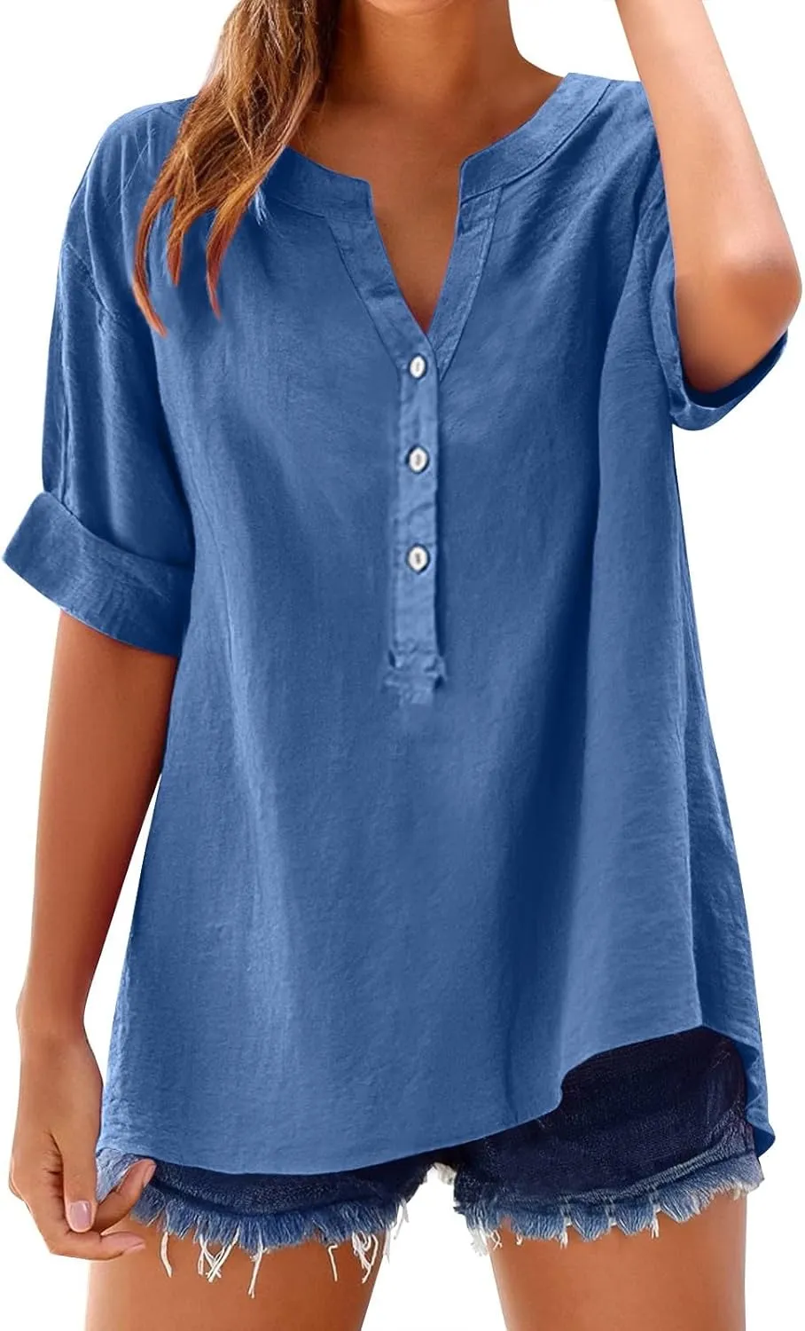 Linen Shirts for Women Breathable Tops Women's Loose Cotton Linen Blouses Womens 3/4 Length Sleeve Ladies Hemp Clothes
