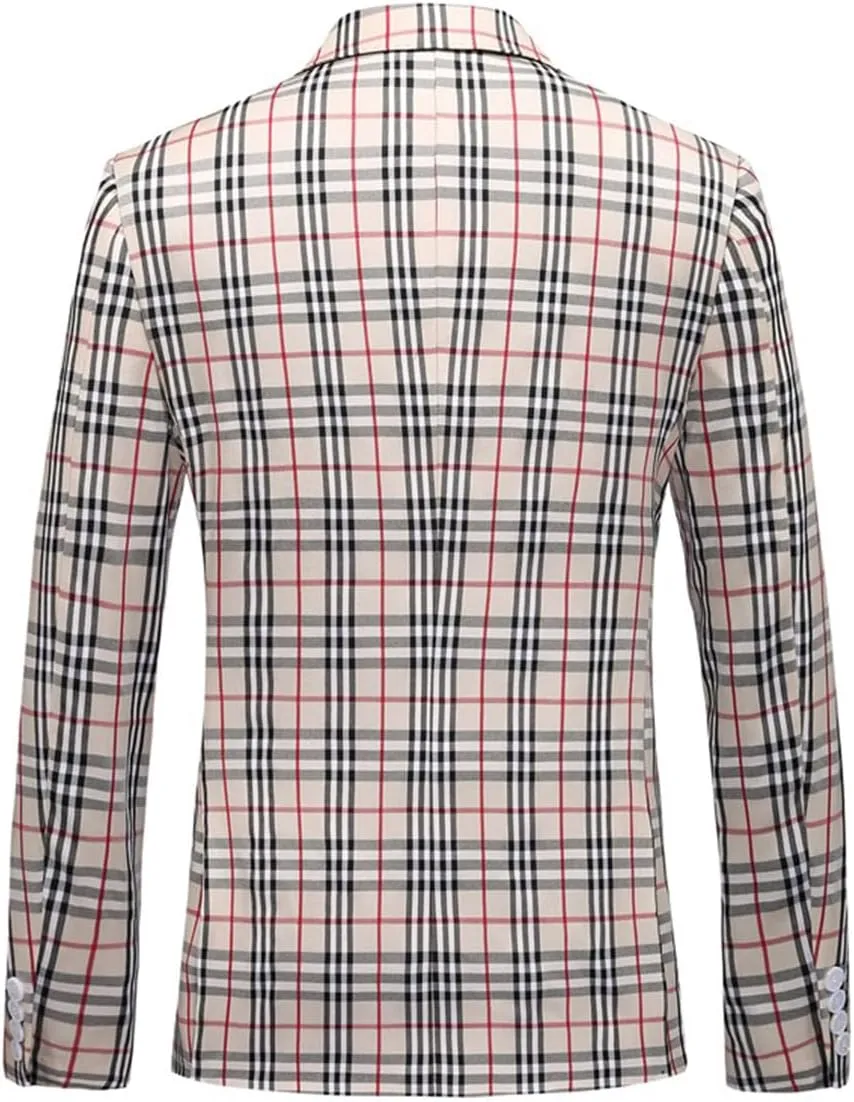Men's Checked Blazer Peak Lapel Business Plaid Double Breasted Buttons Jacket