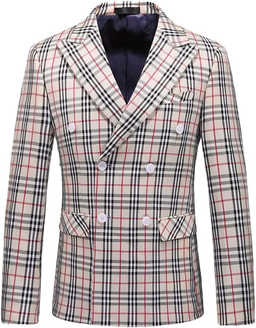 Men's Checked Blazer Peak Lapel Business Plaid Double Breasted Buttons Jacket