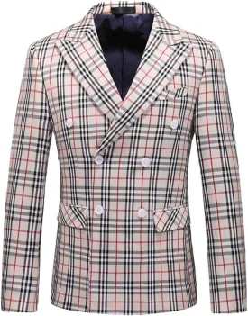 Men's Checked Blazer Peak Lapel Business Plaid Double Breasted Buttons Jacket